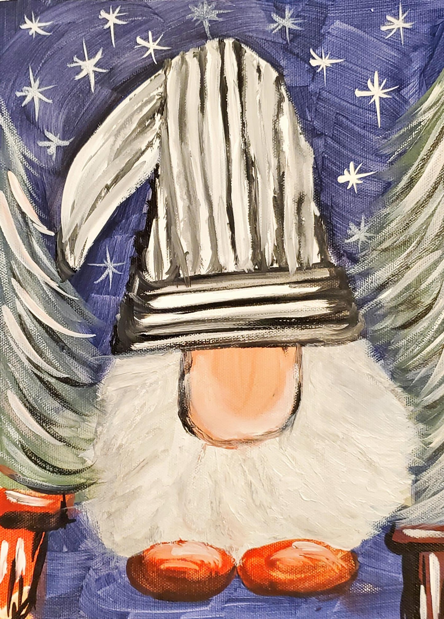 A cute, wintery gnome with pine trees and a snowy sky.