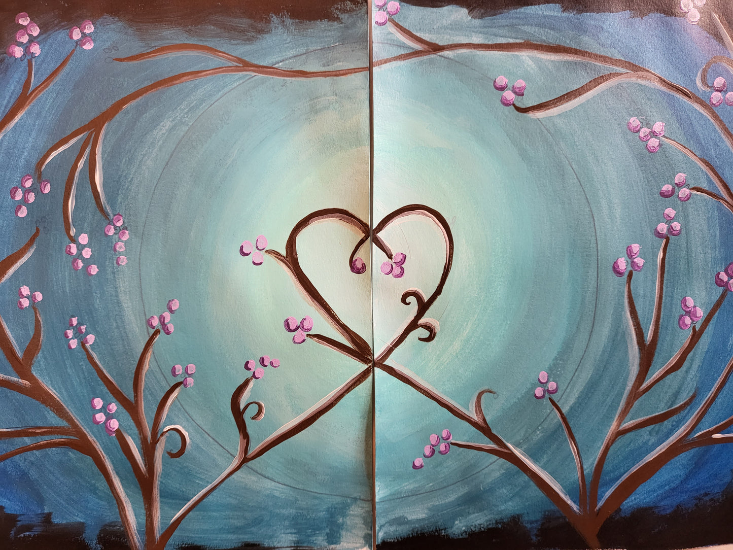 This is a COUPLE'S Paint + Sip Party! Bring your boo and come create this romantic nature scene. Swirly teal sky with berry branches that bend into the shape of a heart. The price is for 2 canvases.