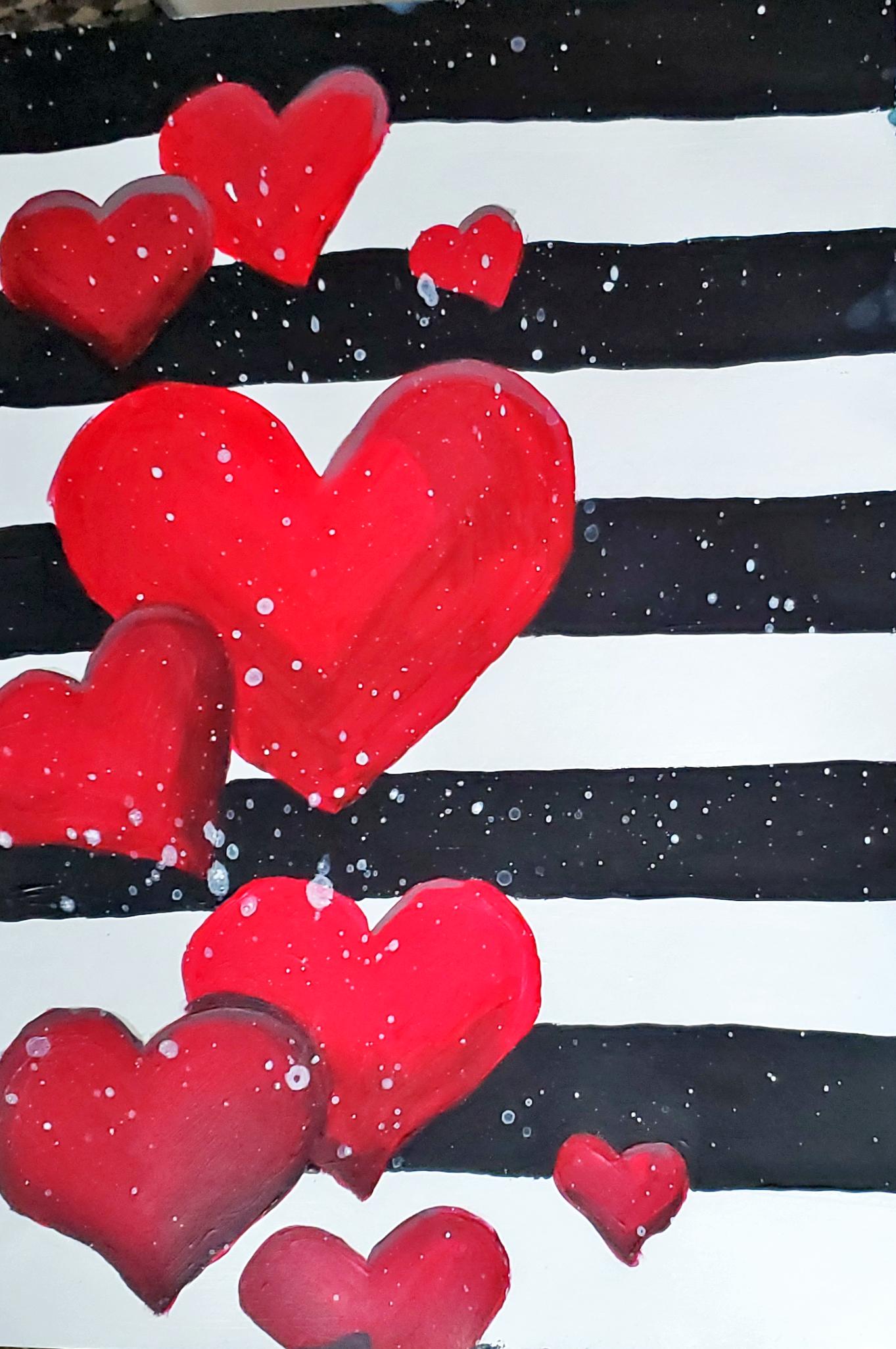 black and white stripes background with shaded red hearts. A simple and relaxing heart themed paint party.