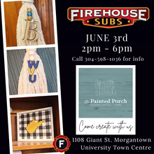 Load image into Gallery viewer, Come create with us at Firehouse Subs at University Town Centre in Morgantown on June 3rd! We will be set up from 2pm to 6pm. Design your own tassel with blue and gold beads and laser cut letters.
