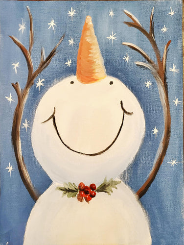 a happy snowman with a berry bow tie celebrating a snow flurry, painting on canvas for paint party