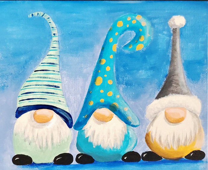 Hangin With My Gnomies 8x10 Canvas Paint Party.  3 little gnomes with a blue color scheme.