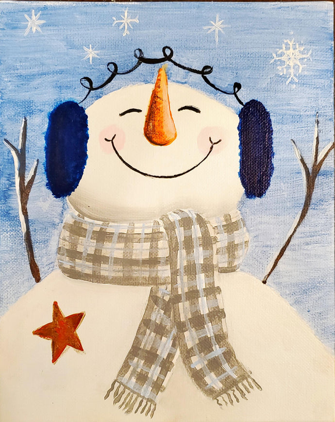 A stylish snowman Paint party! Happy snowman with cute earmuffs, plaid scarf, a star broach, and arms up in the air.