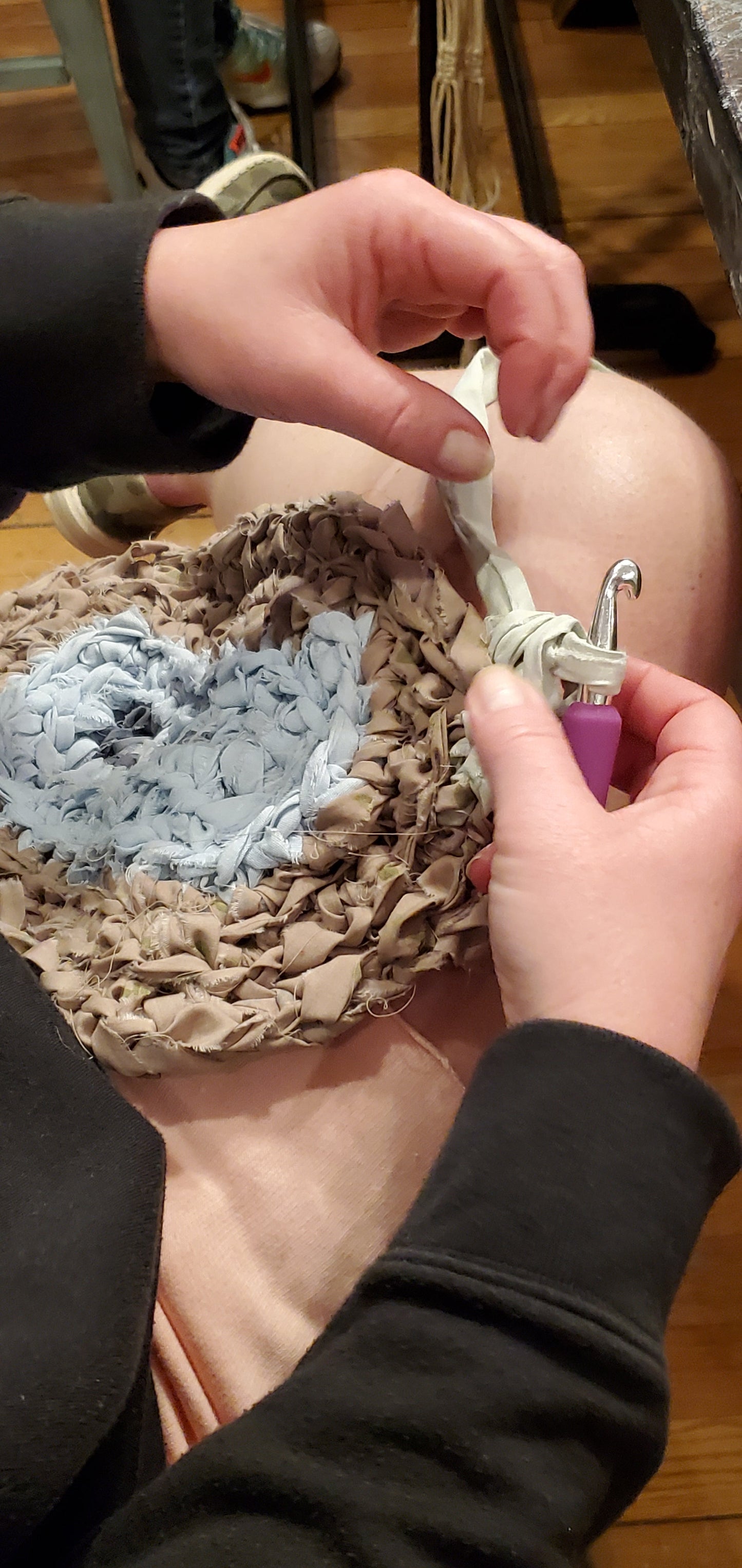 Learn to crochet your own rag rug! Crochet hook and sheets provided.