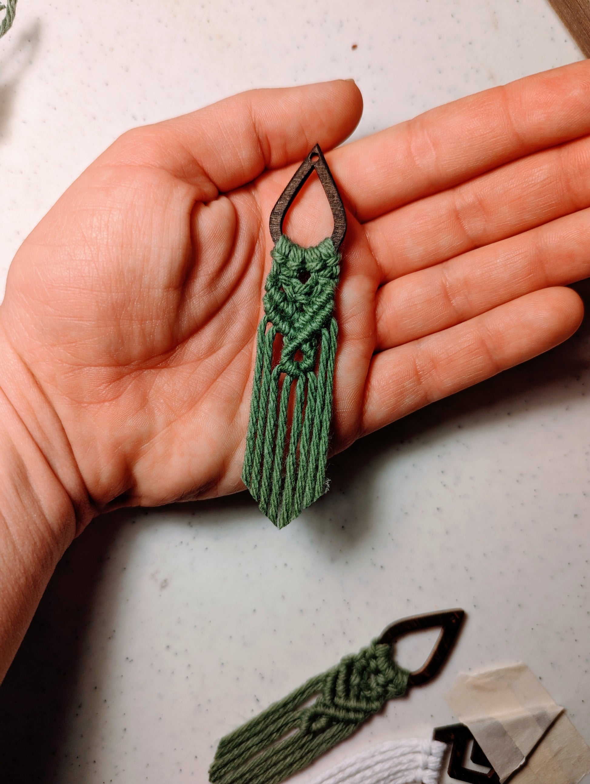 Handmade laser cut wood macrame earrings