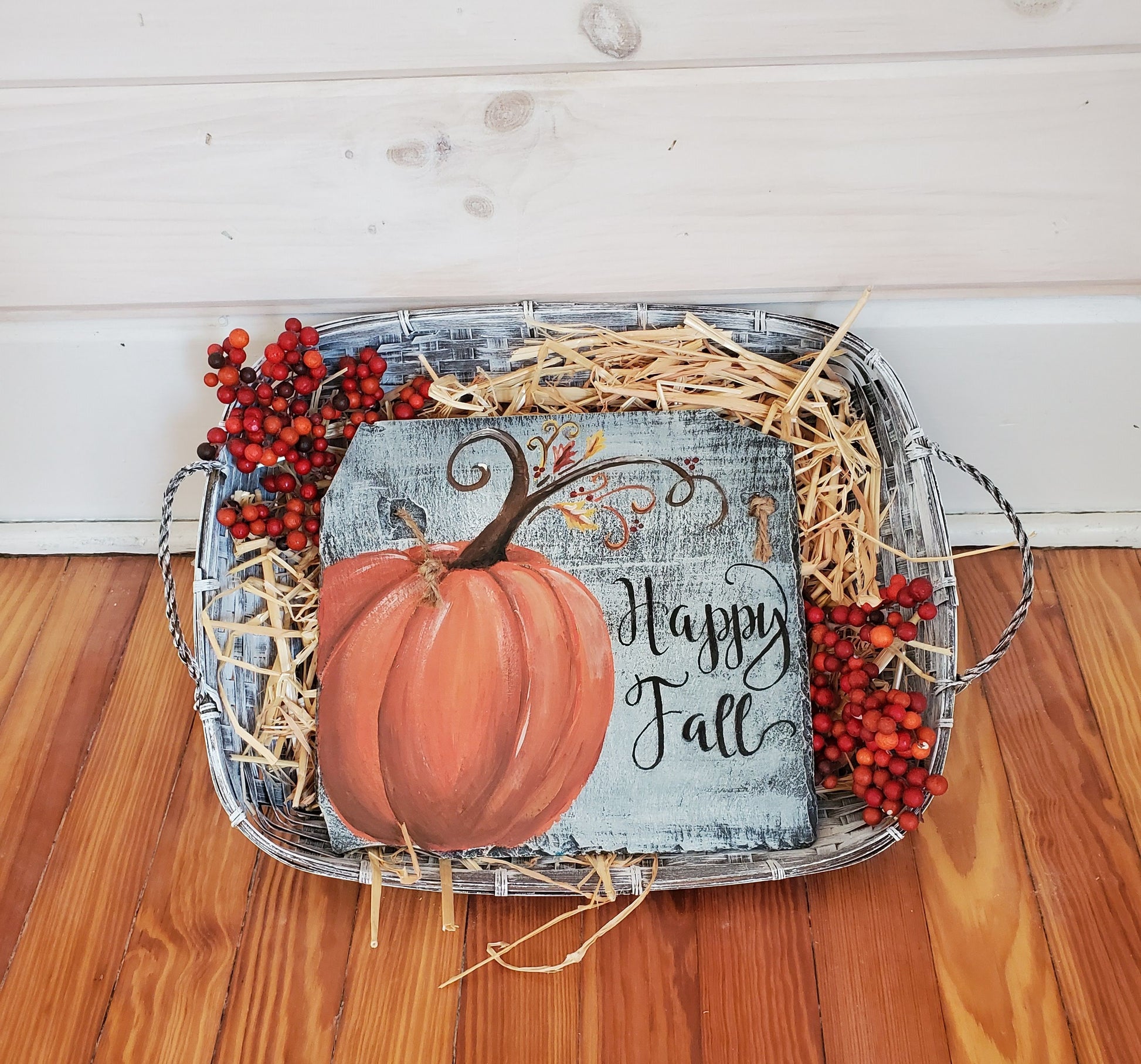 Beautiful hand painted fall sign with pumpkins, natural slate, "hello fall," jute rope hanger, about 12"