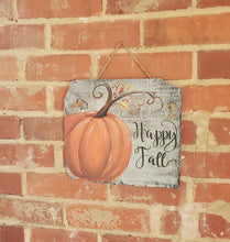 Load image into Gallery viewer, Beautiful hand painted fall sign with pumpkins, natural slate, &quot;hello fall,&quot; jute rope hanger, about 12&quot;
