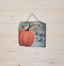 Load image into Gallery viewer, Beautiful hand painted fall sign with pumpkins, natural slate, &quot;hello fall,&quot; jute rope hanger, about 12&quot;

