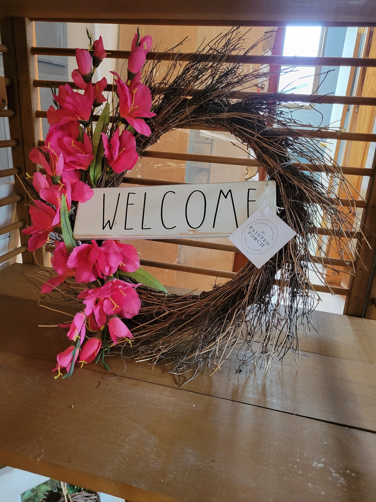 Welcome Wreath with pink flowers