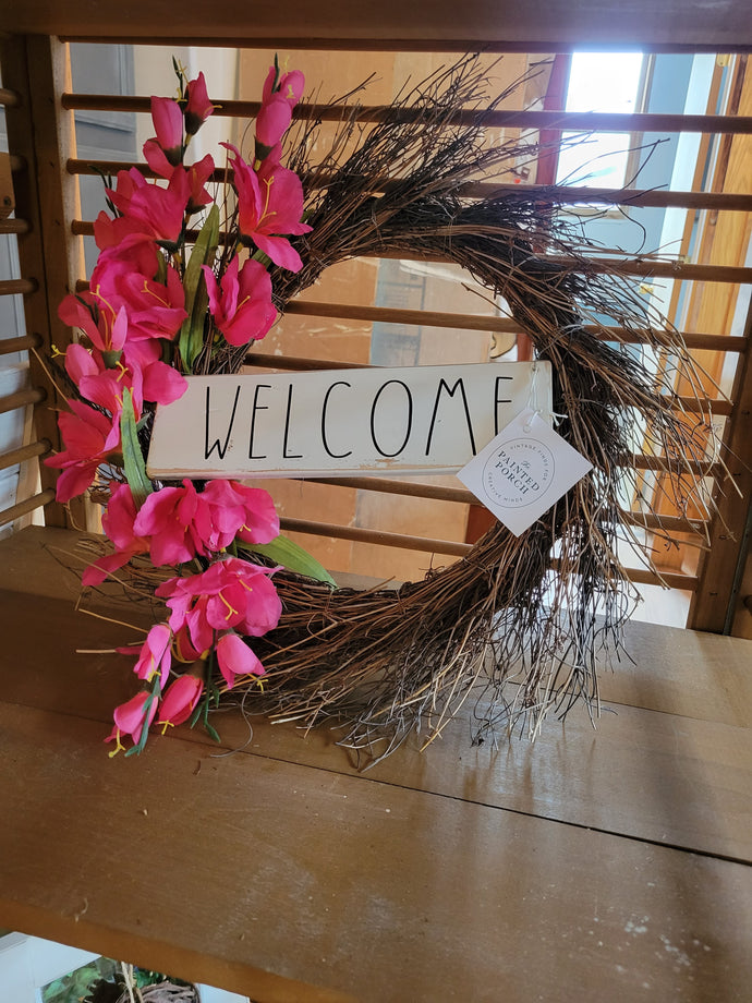 Welcome Wreath with pink flowers