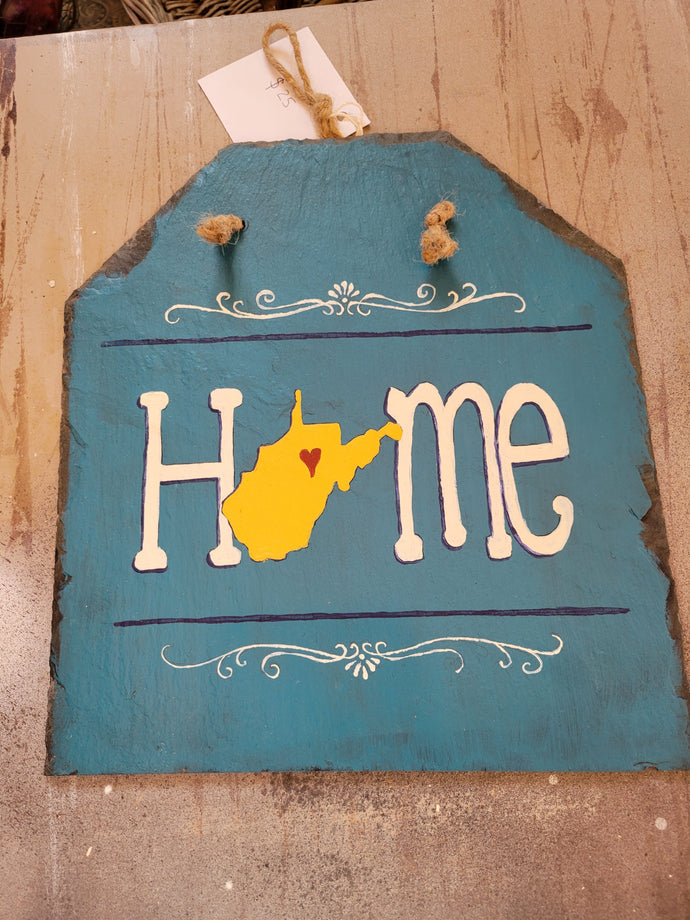 Hand painted natural slate sign, cut into five sided shape, blue background, 