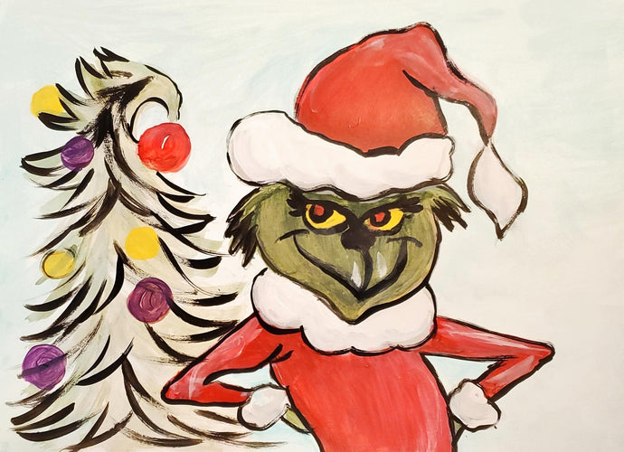 The Grinch Who Stole Christmas! Paint a cute little Grinch in his Santa outfit with a Seuss-ish Christmas tree.