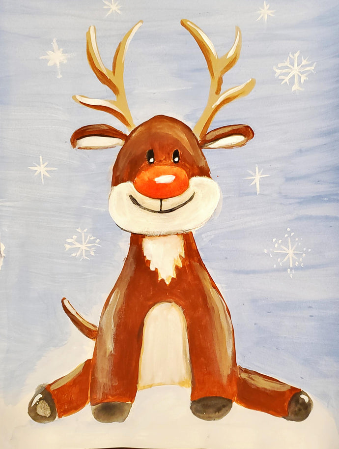 a reindeer sitting and smiling in the snow, a painting on canvas for a paint party