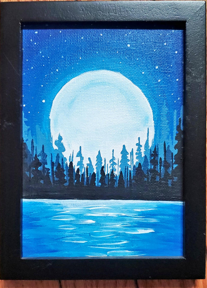 Full moon reflecting on the water with pine trees paint and sip party.