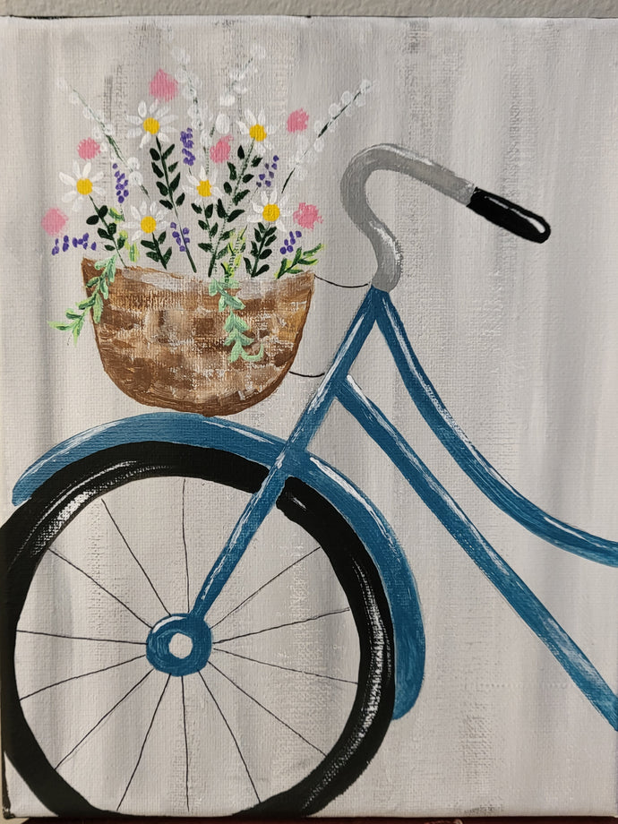 A sweet little bicycle with a basket of wildflowers canvas paint party!