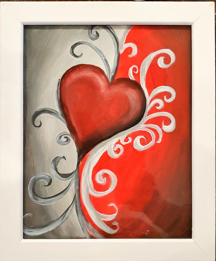 Heart with filigree paint party. Red and gray gradient background and a three-dimensional heart with filigree.