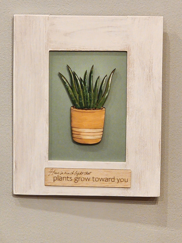 Laser cut plant, hand painted, laser cut plant phrase, painted wooden frame.