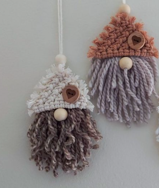 Macramé Gnome Ornament Workshop includes wooden bead nose and laser cut wood button for hat