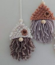 Load image into Gallery viewer, Macramé Gnome Ornament Workshop includes wooden bead nose and laser cut wood button for hat
