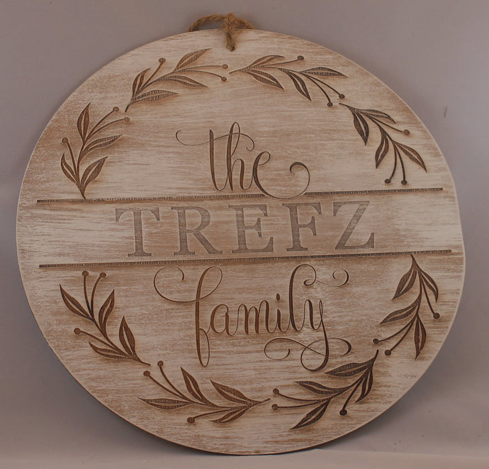 Laser engraved wood sign customized with your family name! Olive branch wreath. Script and serif fonts. option of multiple thicknesses of wood: Thin = 1/8