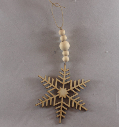 Each snowflake is unique! laser cut design, jute rope hanger, wooden beads, 3.25