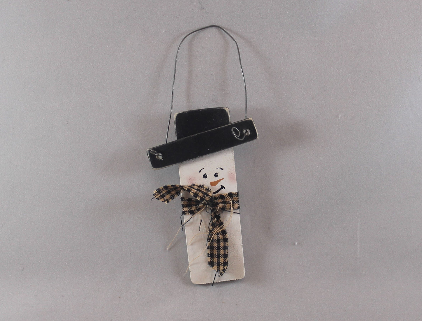 wooden rectangular snowman ornaments with black top hat and wire hanger, hand painted, fabric scarf