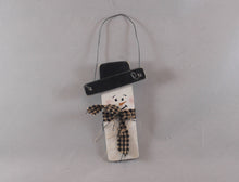 Load image into Gallery viewer, wooden rectangular snowman ornaments with black top hat and wire hanger, hand painted, fabric scarf
