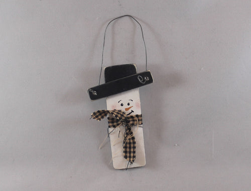 wooden rectangular snowman ornaments with black top hat and wire hanger, hand painted, fabric scarf