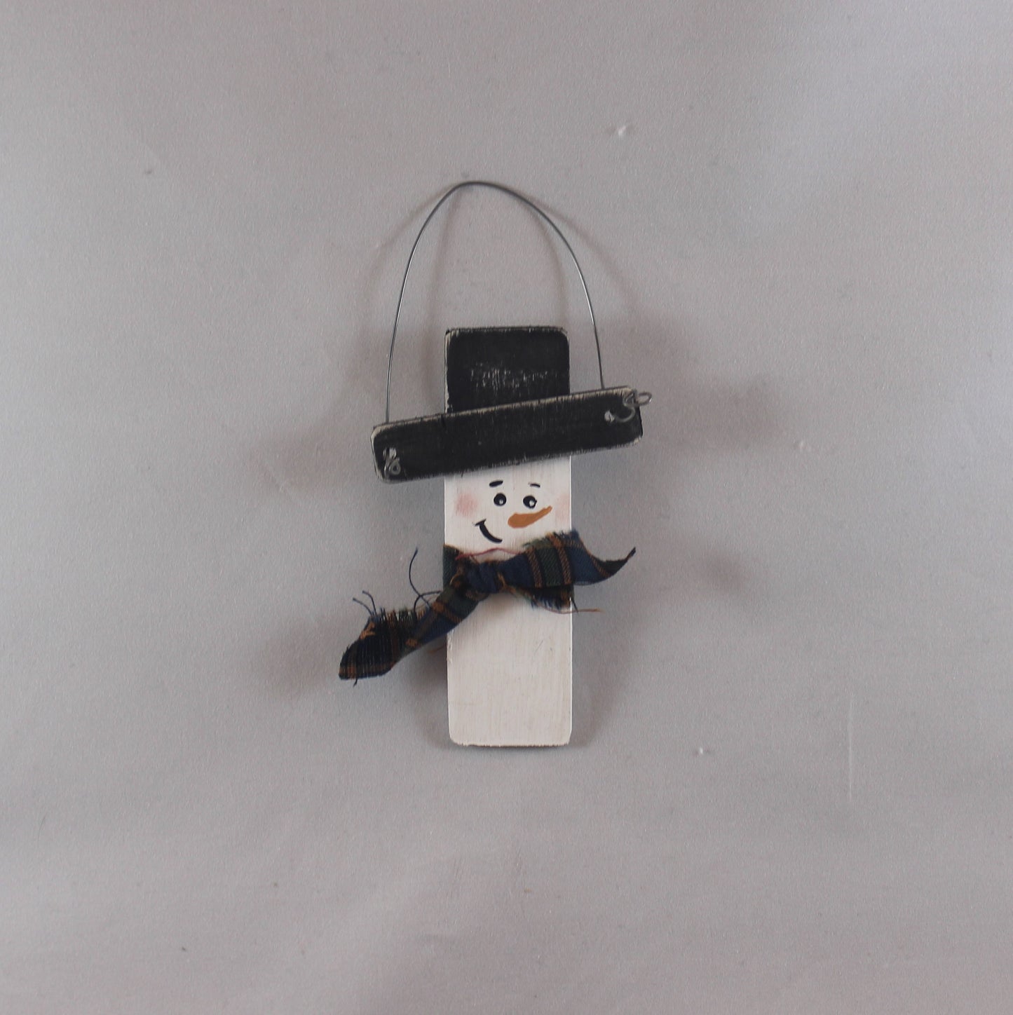 wooden rectangular snowman ornaments with black top hat and wire hanger, hand painted, fabric scarf