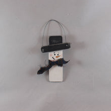 Load image into Gallery viewer, wooden rectangular snowman ornaments with black top hat and wire hanger, hand painted, fabric scarf
