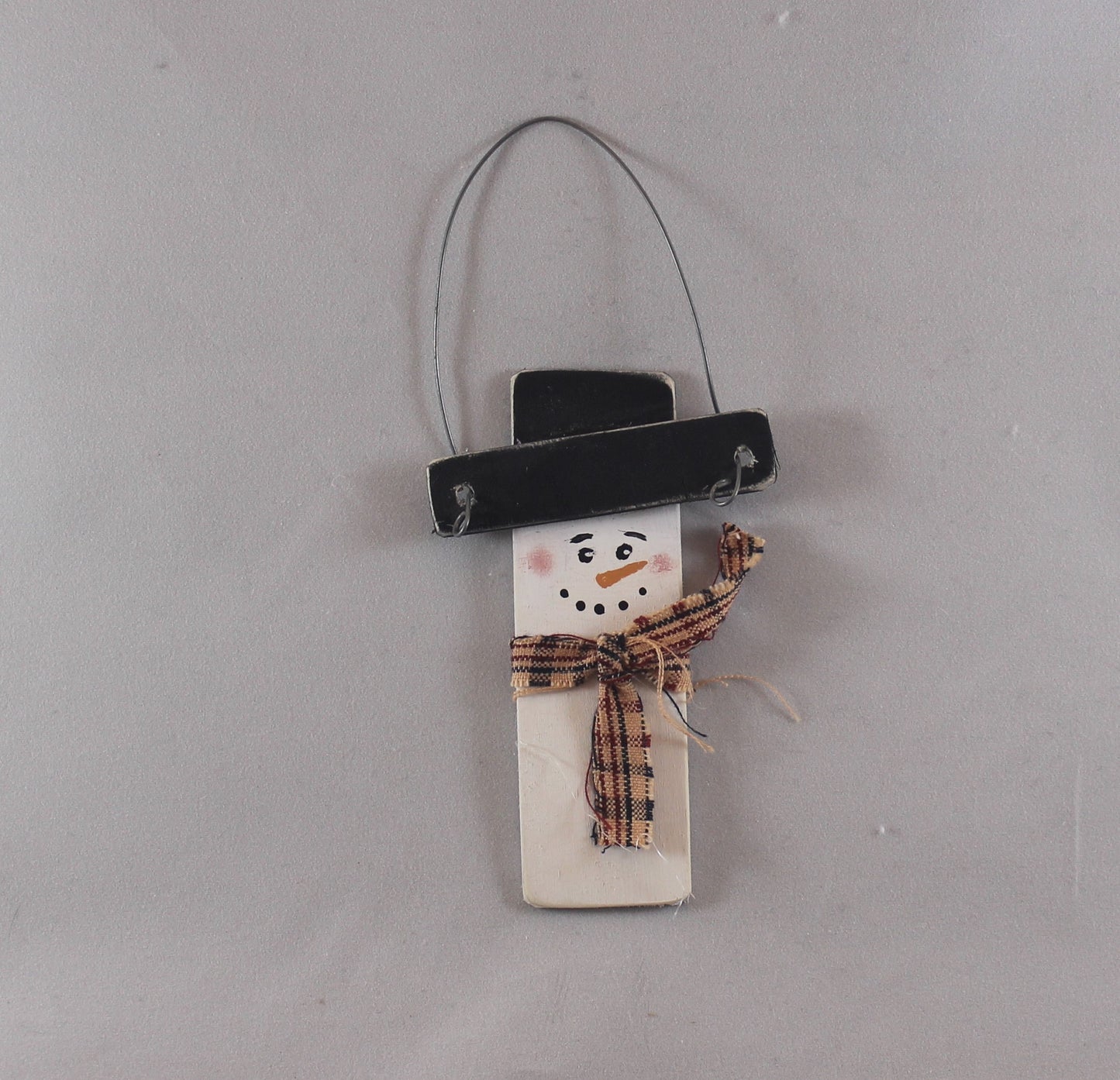 wooden rectangular snowman ornaments with black top hat and wire hanger, hand painted, fabric scarf