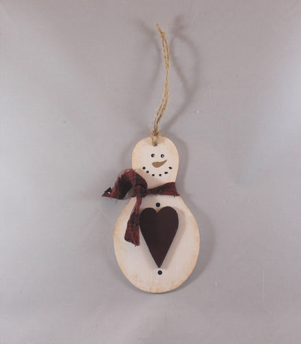 wooden hand painted snowman ornament with red fabric scarf holding heart