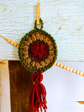 Load image into Gallery viewer, red brown and green round puff stitch crochet dream catcher with tassel
