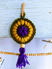 Load image into Gallery viewer, purple gold and green round puff stitch crochet dreamcatcher with wooden bead and tassel

