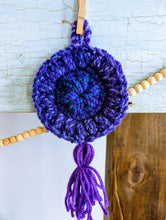 Load image into Gallery viewer, blue and purple puff stitch crochet circle dreamcatcher with tassel

