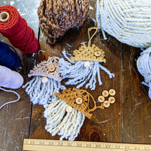 Load image into Gallery viewer, macrame gnome ornaments, sewing, wooden beads, yarn, laser cut wood buttons
