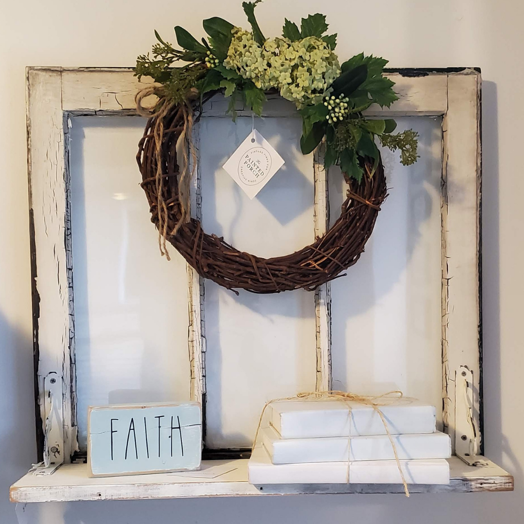 White window, decorative brackets, shelf, part of display, vignette