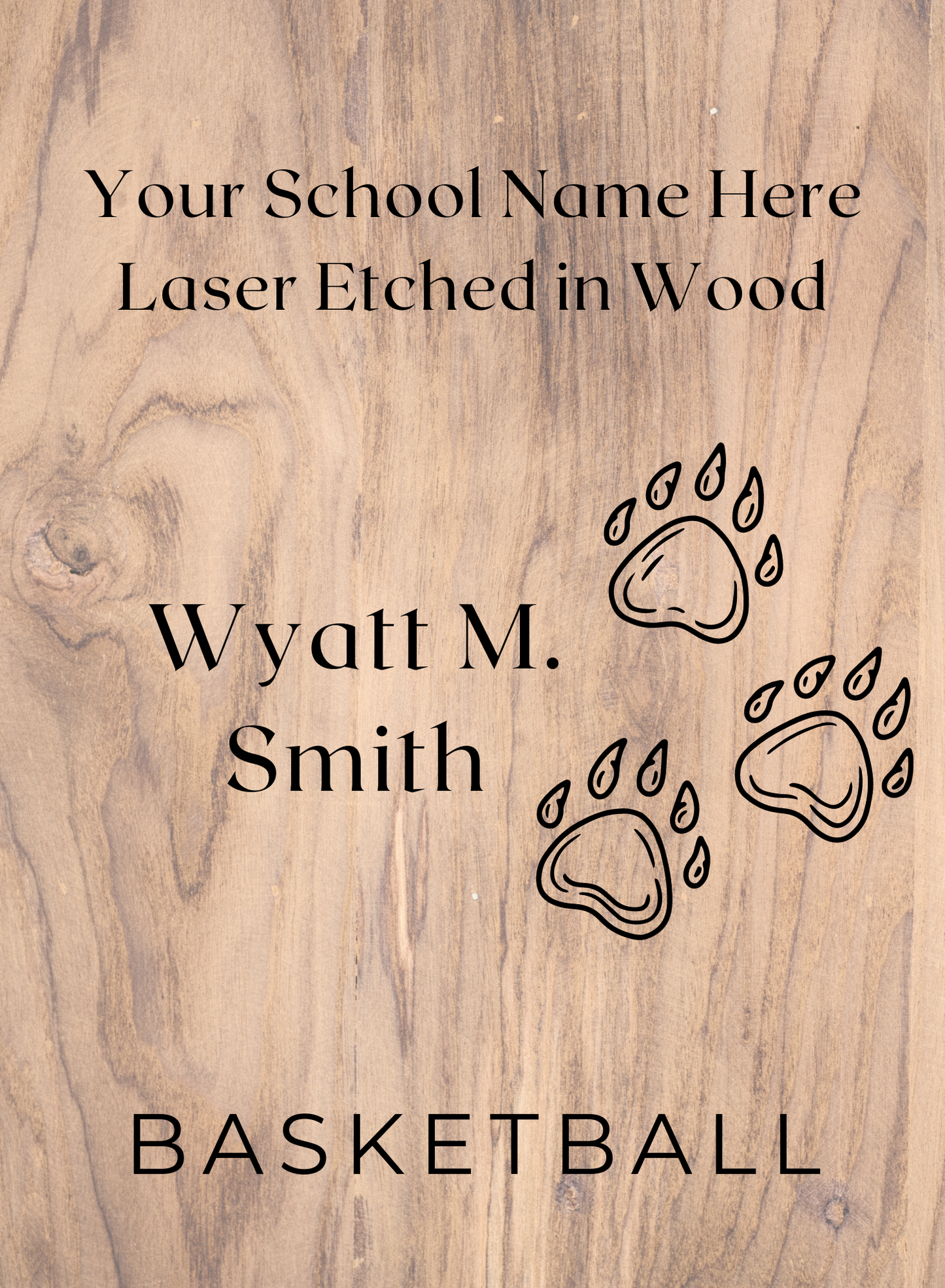 Design your own sports plaque for your favorite student or team. We will work with you to come up with a design.   (The design will be simple in one color because it will be etched with the laser on a piece of wood. Price will vary depending on design time, materials, and quantity.)