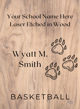 Load image into Gallery viewer, Design your own sports plaque for your favorite student or team. We will work with you to come up with a design.   (The design will be simple in one color because it will be etched with the laser on a piece of wood. Price will vary depending on design time, materials, and quantity.)
