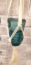 Load image into Gallery viewer, Macramé hanger with antique blue glass insulator.
