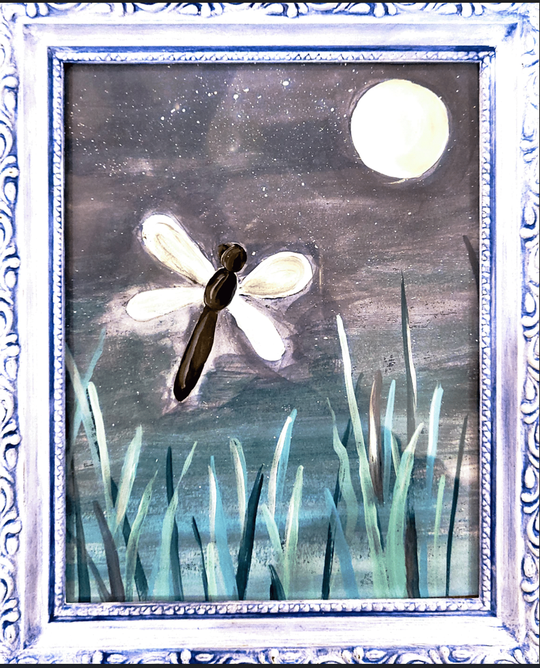 A whimsical dragonfly in tall grass with a full moon paint party.