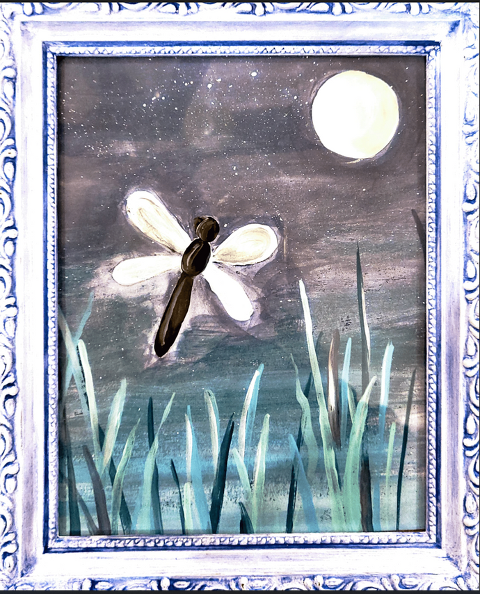 A whimsical dragonfly in tall grass with a full moon paint party.