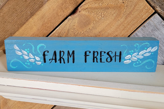 This little "Farm Fresh" block will look adorable in your farmhouse kitchen. Tiny size 7.5" x 1.5" beautiful blue color with organic designs.