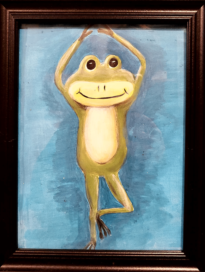 A cute green yogi frog in tree pose with a blue background for a paint and drink party.