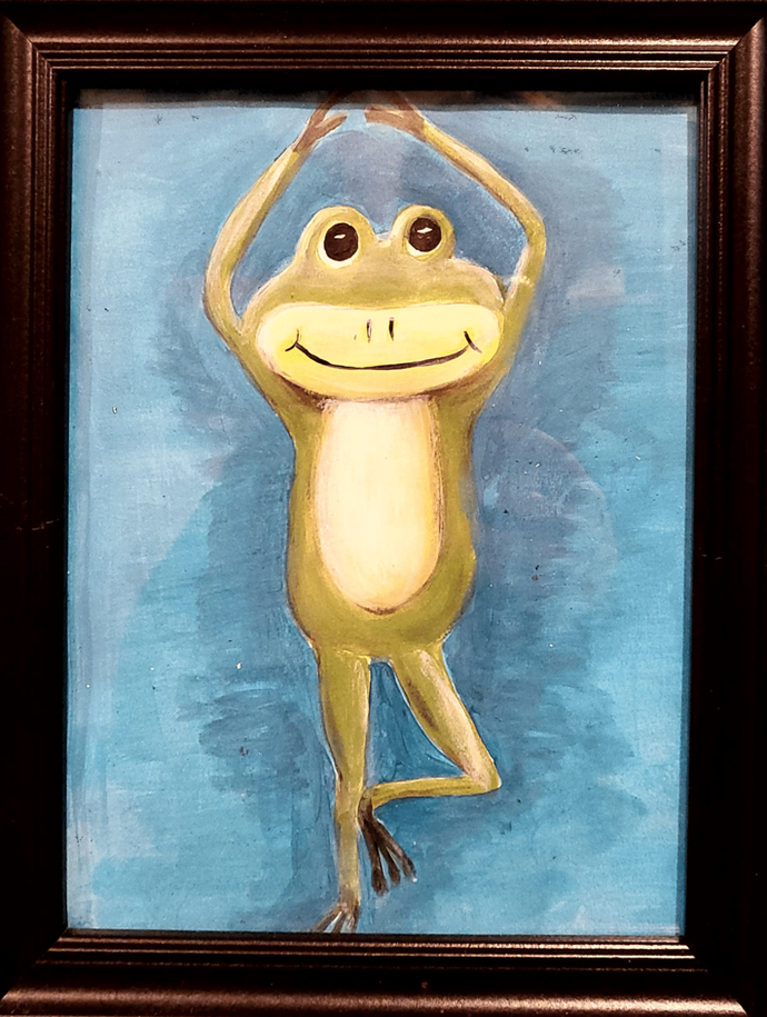 A cute green yogi frog in tree pose with a blue background for a paint and drink party.