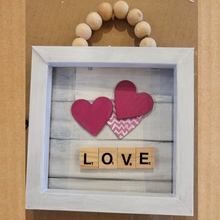 Load image into Gallery viewer, LOVE mini frame with beaded hanger. Sip n Paint party to design and decorate this mini frame with scrabble letter tiles that spell love with hearts. Beaded hanger on a 6x6&quot; frame.
