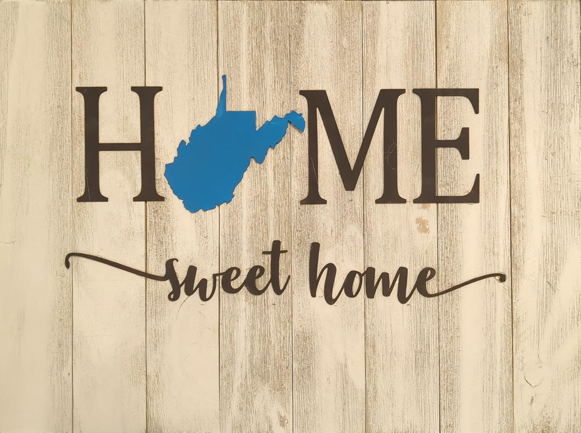 Create your own white Home Sweet Home pallet sign with blue cut out West Virginia. 