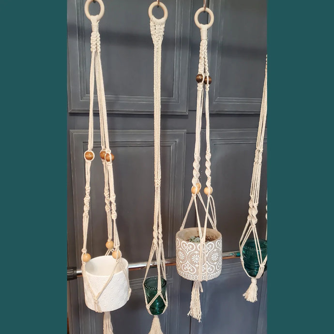 Choose from a few simple designs and create your own macramé flower pot hanger! Wooden beads included if you wish to include them in your design.