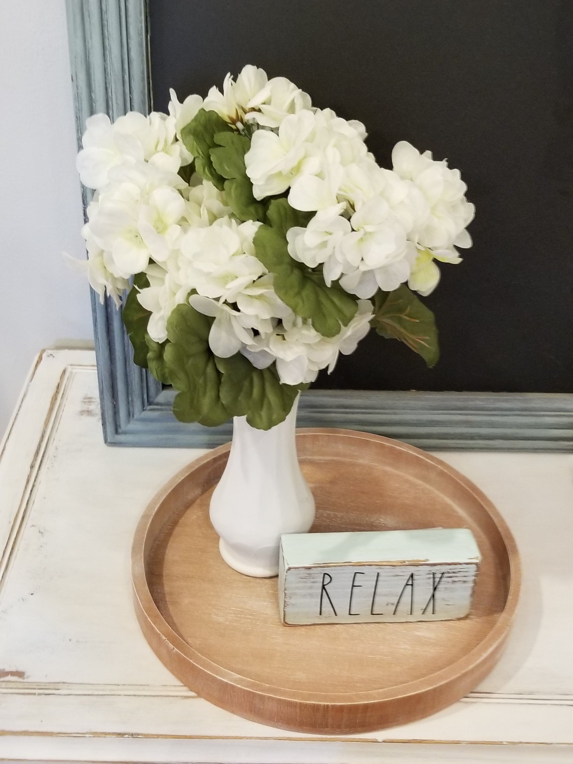 2" x 4" x 6" wooden block painted mint green and antiqued with word "Relax"