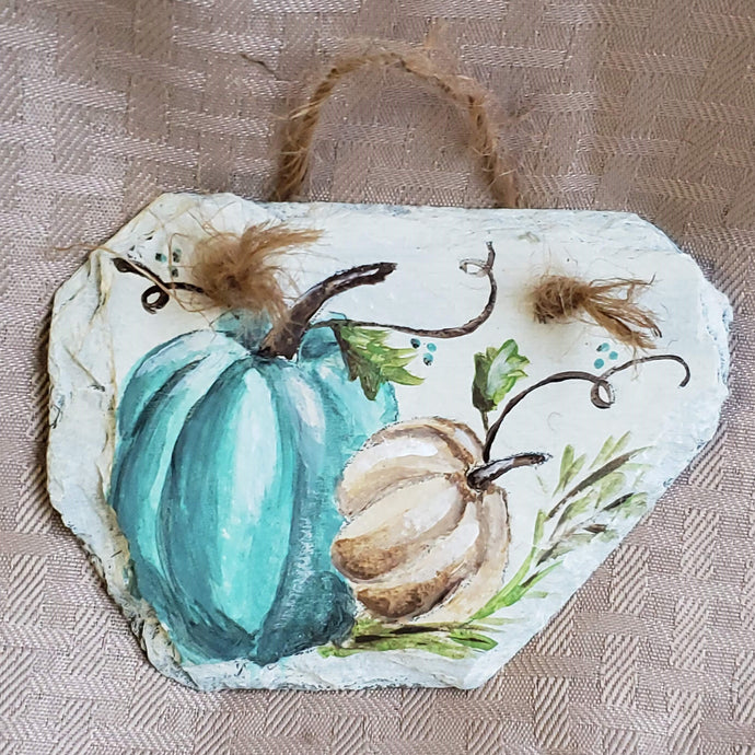 A wondrously petite slate sign, this little cutie can add some fall flair to virtually any space. hand-painted white with blue and white pumpkins adorably small size 4.5